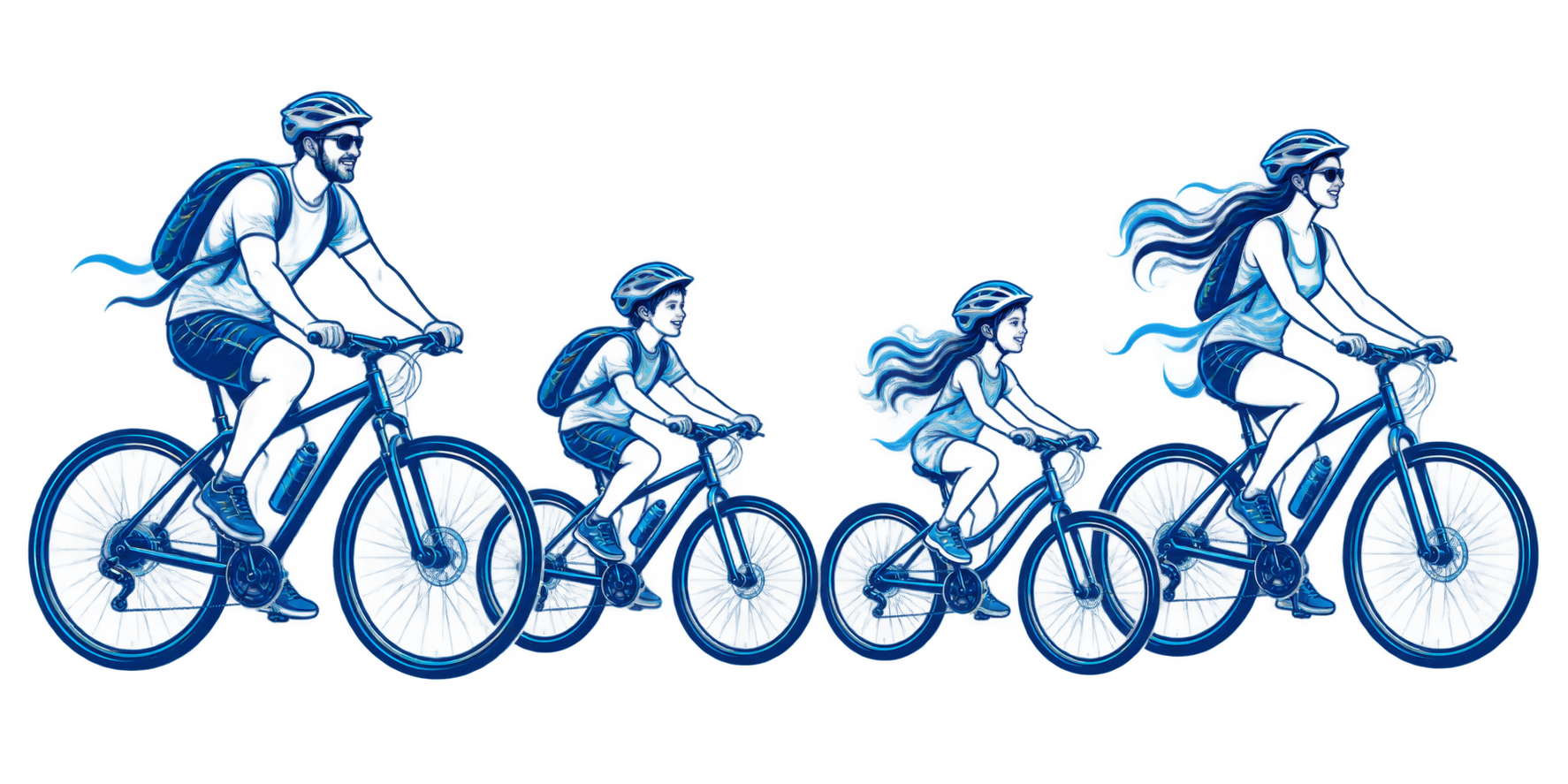 Ilustração de uma família pedalando junta, com adultos e crianças usando capacete